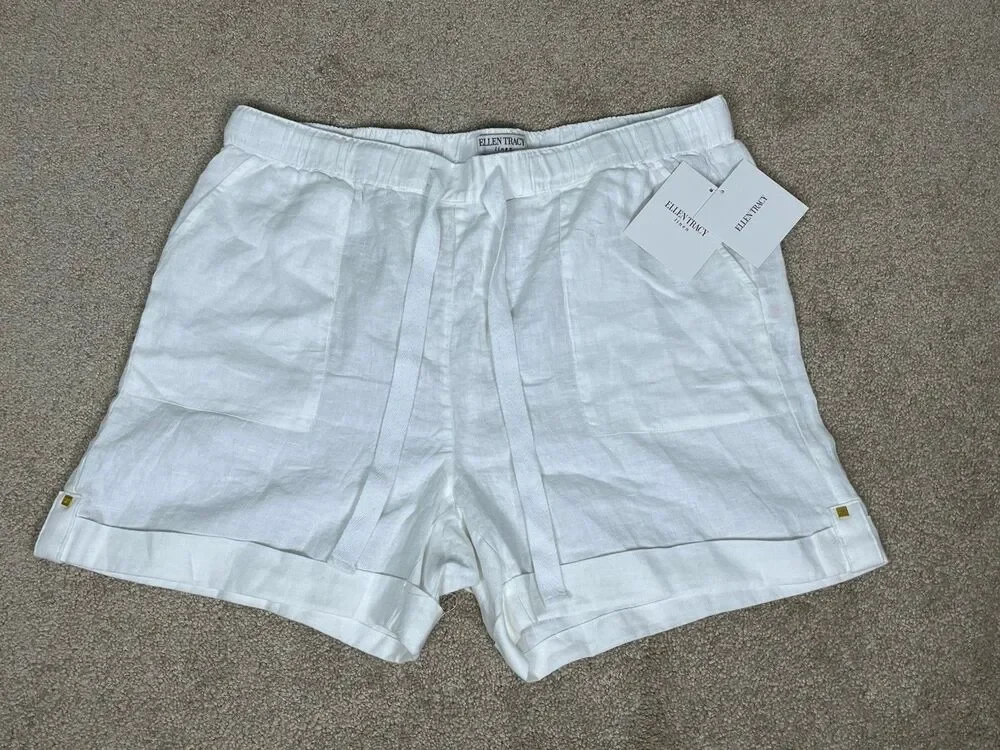 NWT Ellen Tracy White Linen Shorts L Elastic Drawstring Cuffed Beach Resort Boho